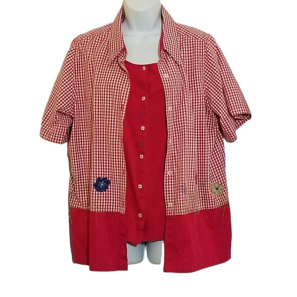 Bobbie Brooks Tops - Bobbie Brooks Vintage Faux 2 Piece Red Top Size 14W Embroidered Beads Gingham Tw